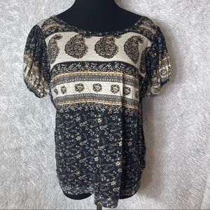 Free People Women’s Black High-Low Paisley Floral Print Short Sleeve Shirt
